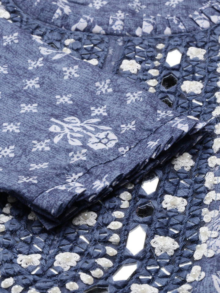 Neerus Blue modal bandhani mirror work kurti - detail view 3