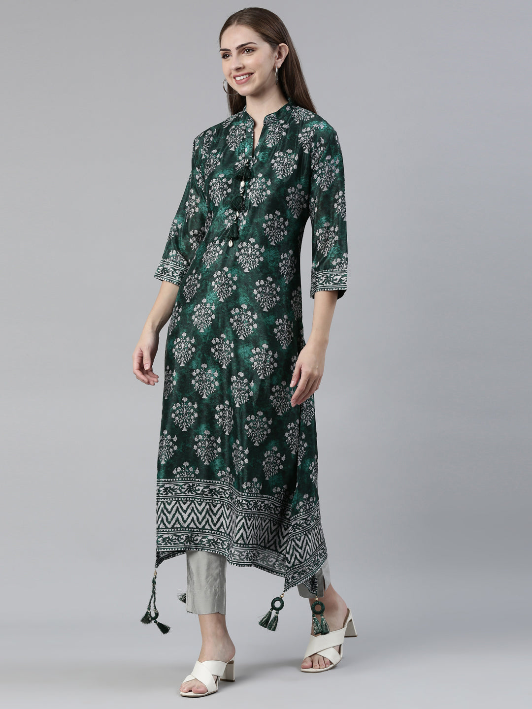 Neerus Green crepe curved kurti - back view