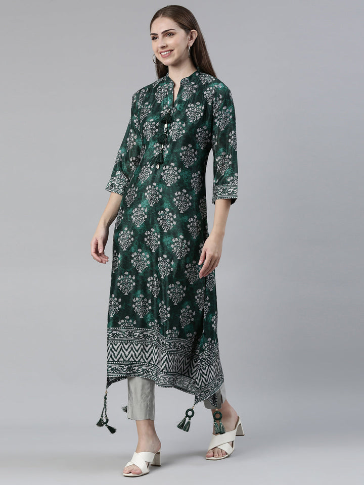 Neerus Green crepe curved kurti - back view