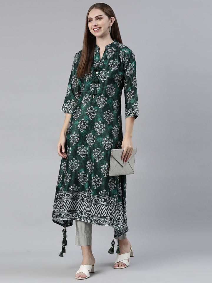 Neerus Green crepe curved kurti - front view