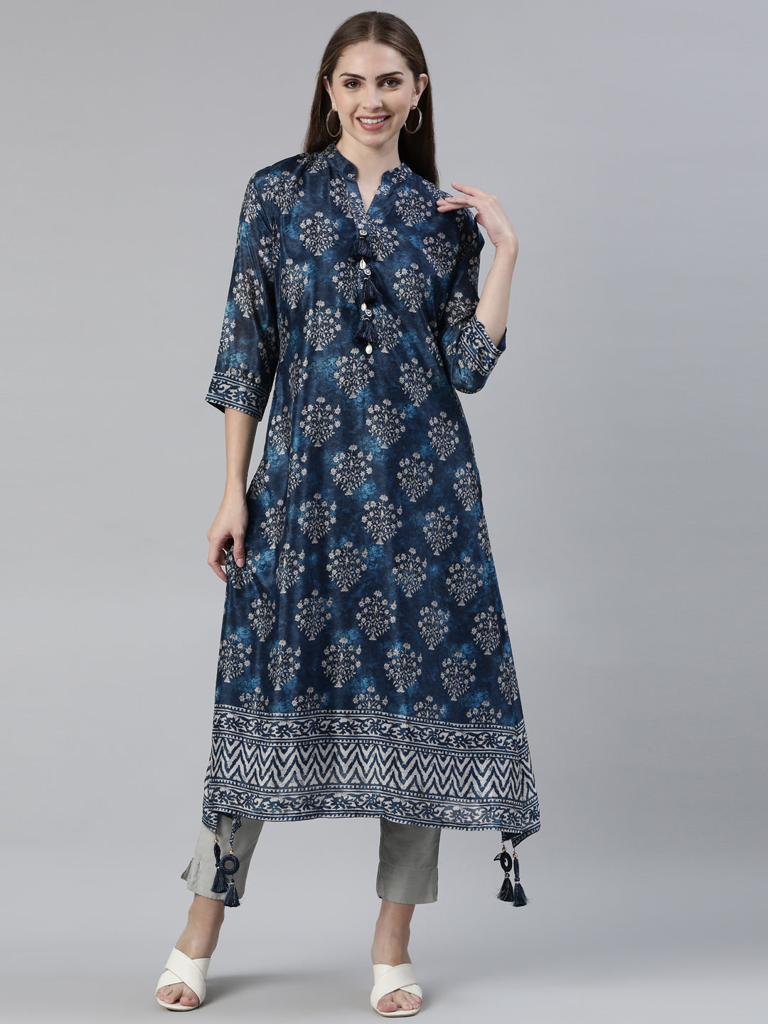 Neerus Blue crepe printed A-line kurti - front view