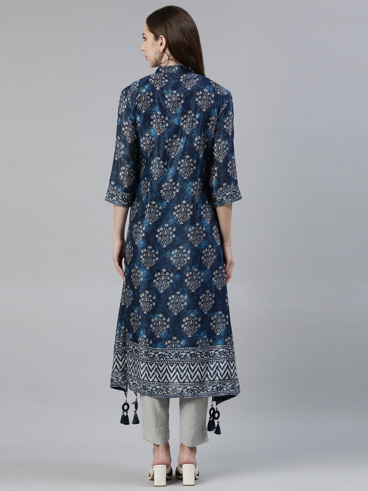 Neerus Blue crepe printed A-line kurti - side view