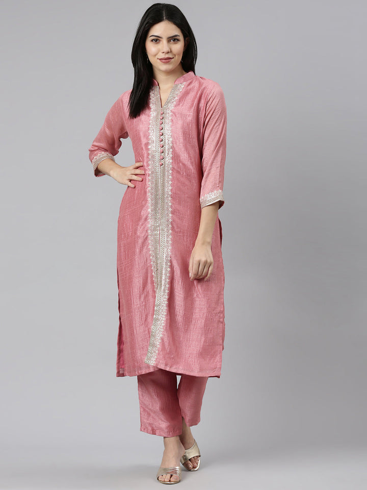 Neerus Pink solid straight kurta set with trousers - detail view 2