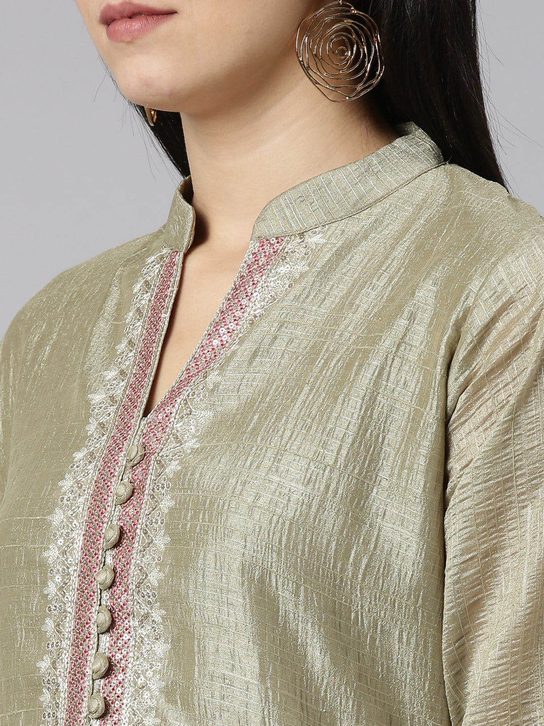 Neerus Green raw silk solid kurta set with trousers - detail view 1