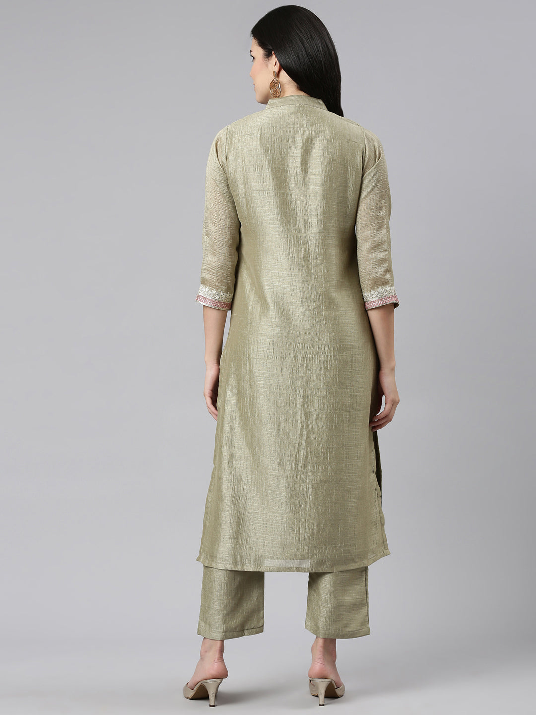 Neerus Green raw silk solid kurta set with trousers - side view