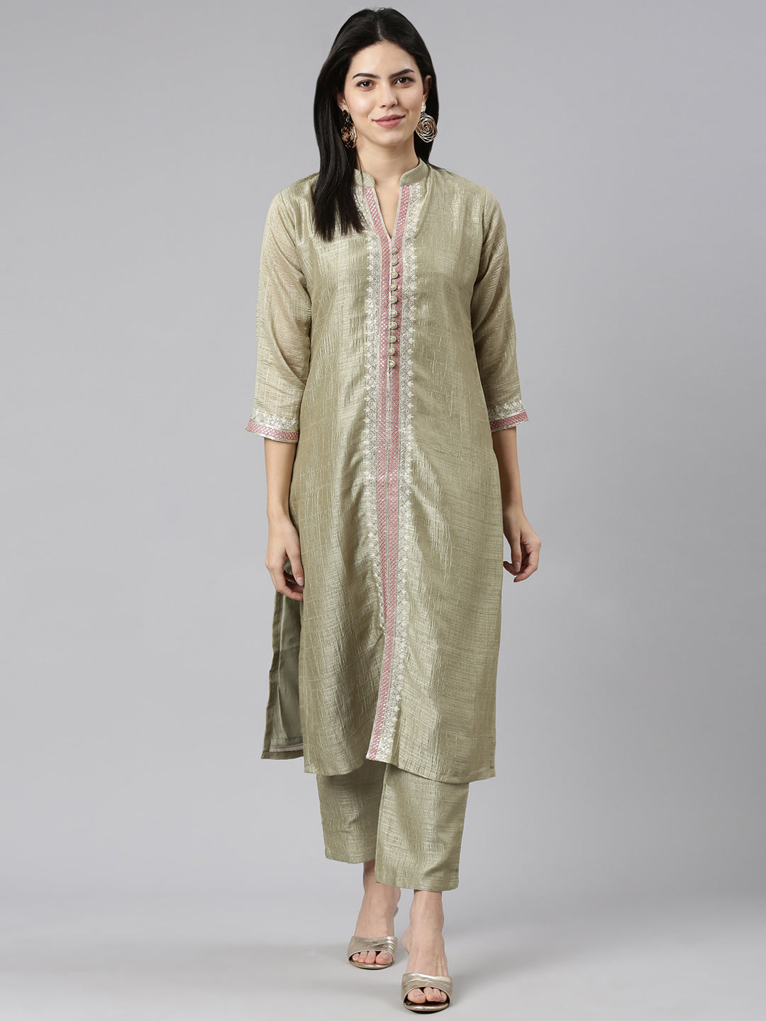 Neerus Green raw silk solid kurta set with trousers - detail view 2