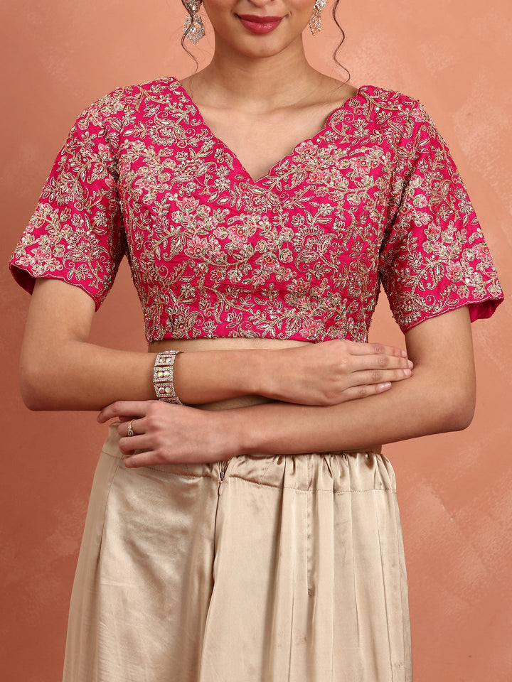 Rani pink pure organza saree with heavy blouse with pearl and cut dana embroidery