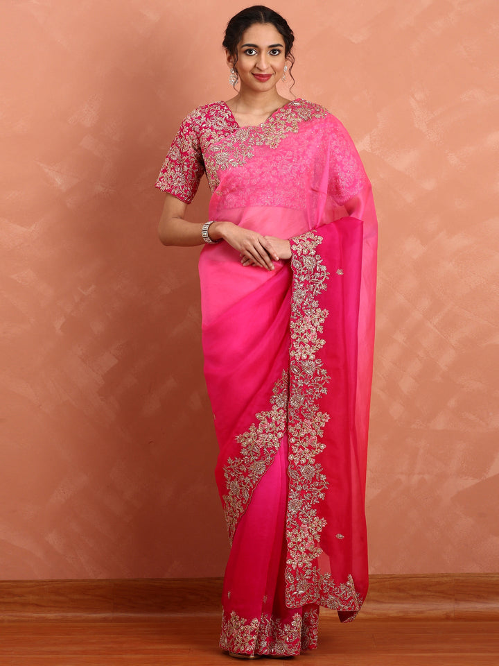 Neerus Pink organza embellished saree with heavy blouse - front view