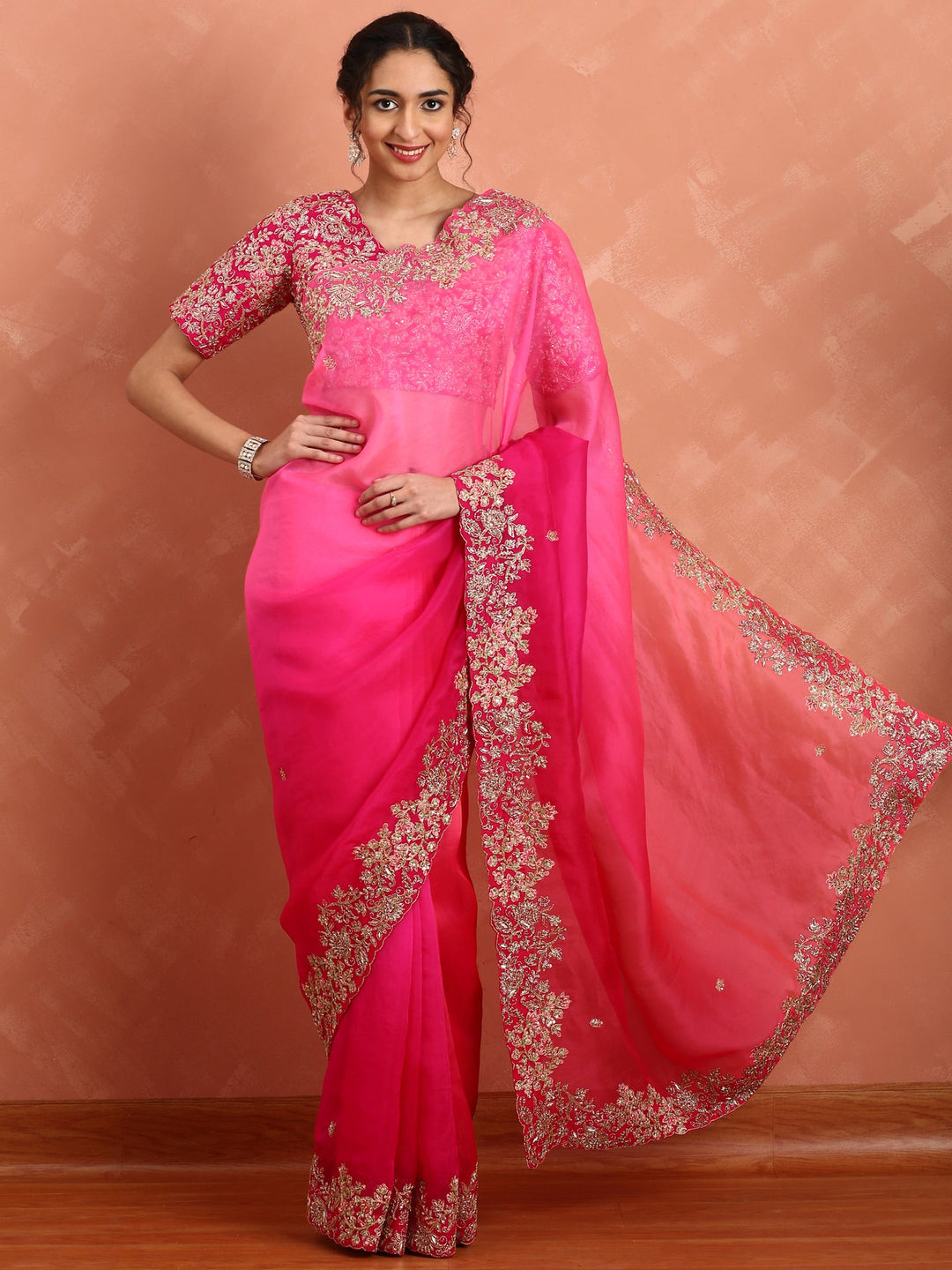 Neerus Pink organza embellished saree with heavy blouse - detail view 1