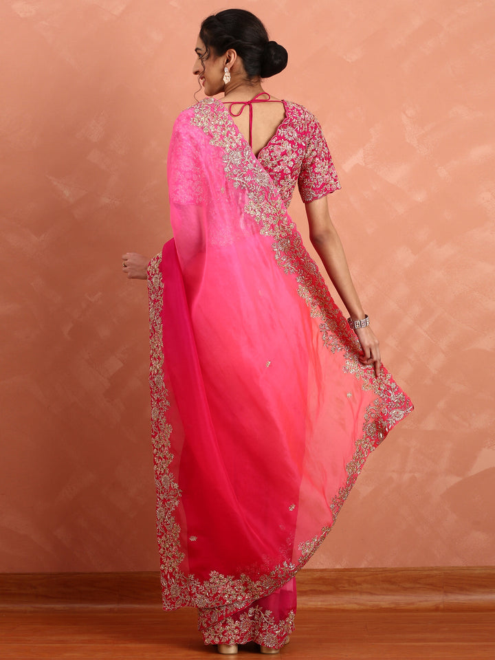 Neerus Pink organza embellished saree with heavy blouse - back view