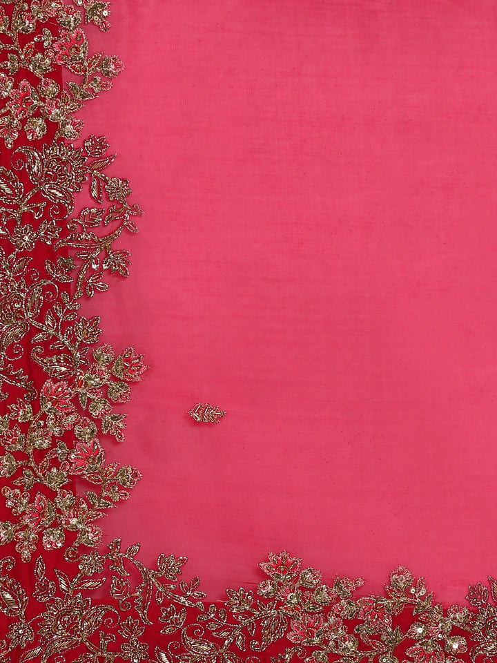Rani pink pure organza saree with heavy blouse with pearl and cut dana embroidery