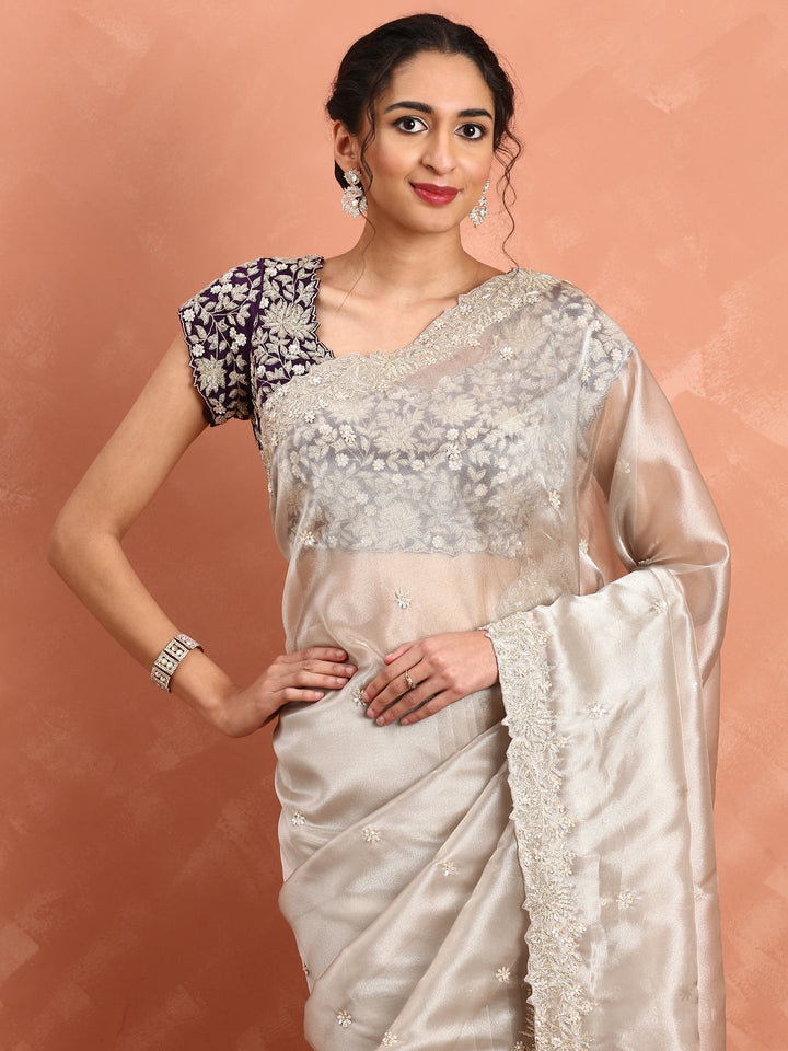 Neerus Grey tissue embroidered saree with zari work - side view