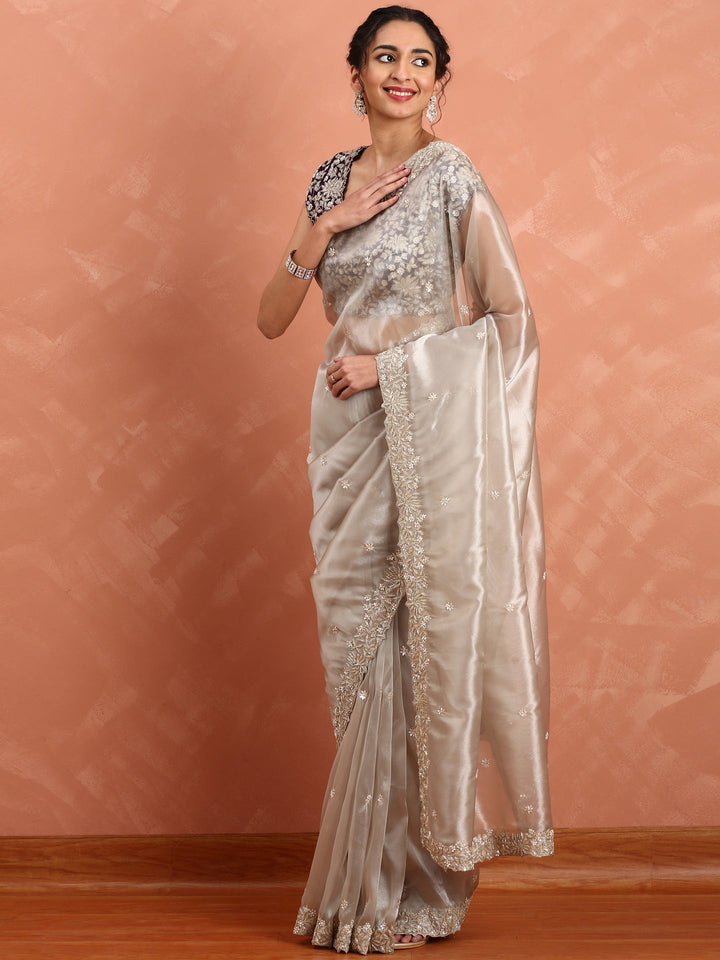 Silver tissue saree with Zari embroidery and contrast blouse