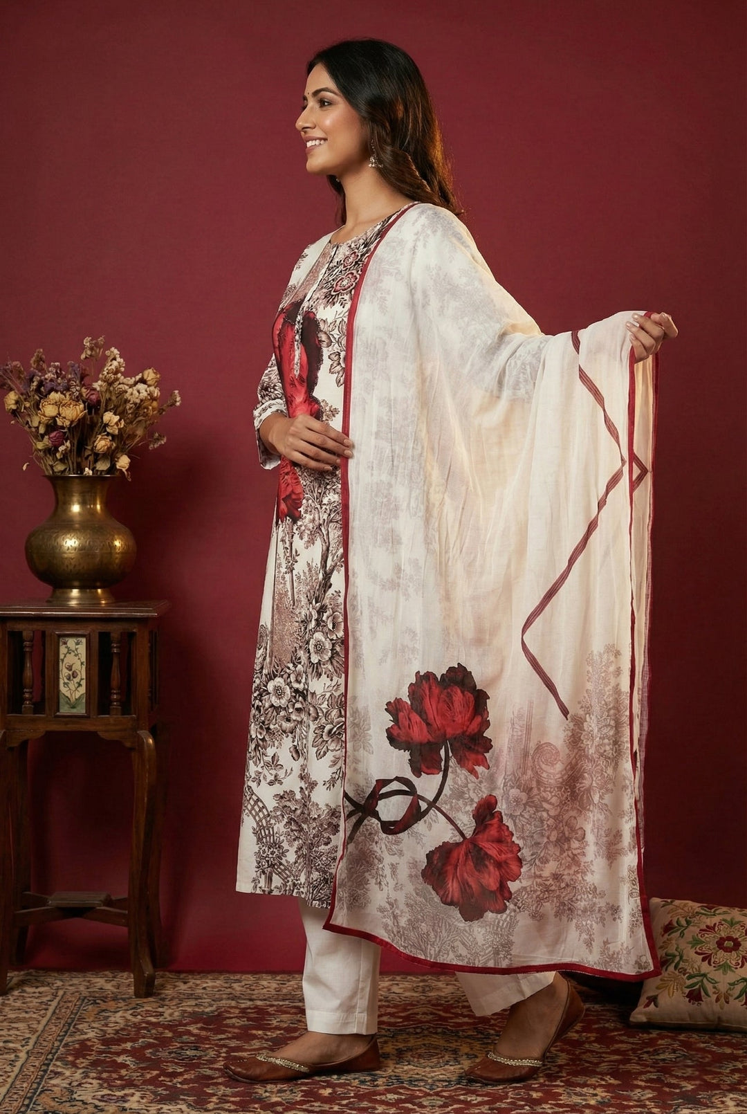 Neerus White cotton digital printed suit set - back view