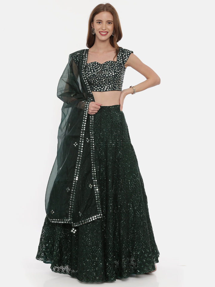 Neerus Green net embellished lehenga set - detail view 4