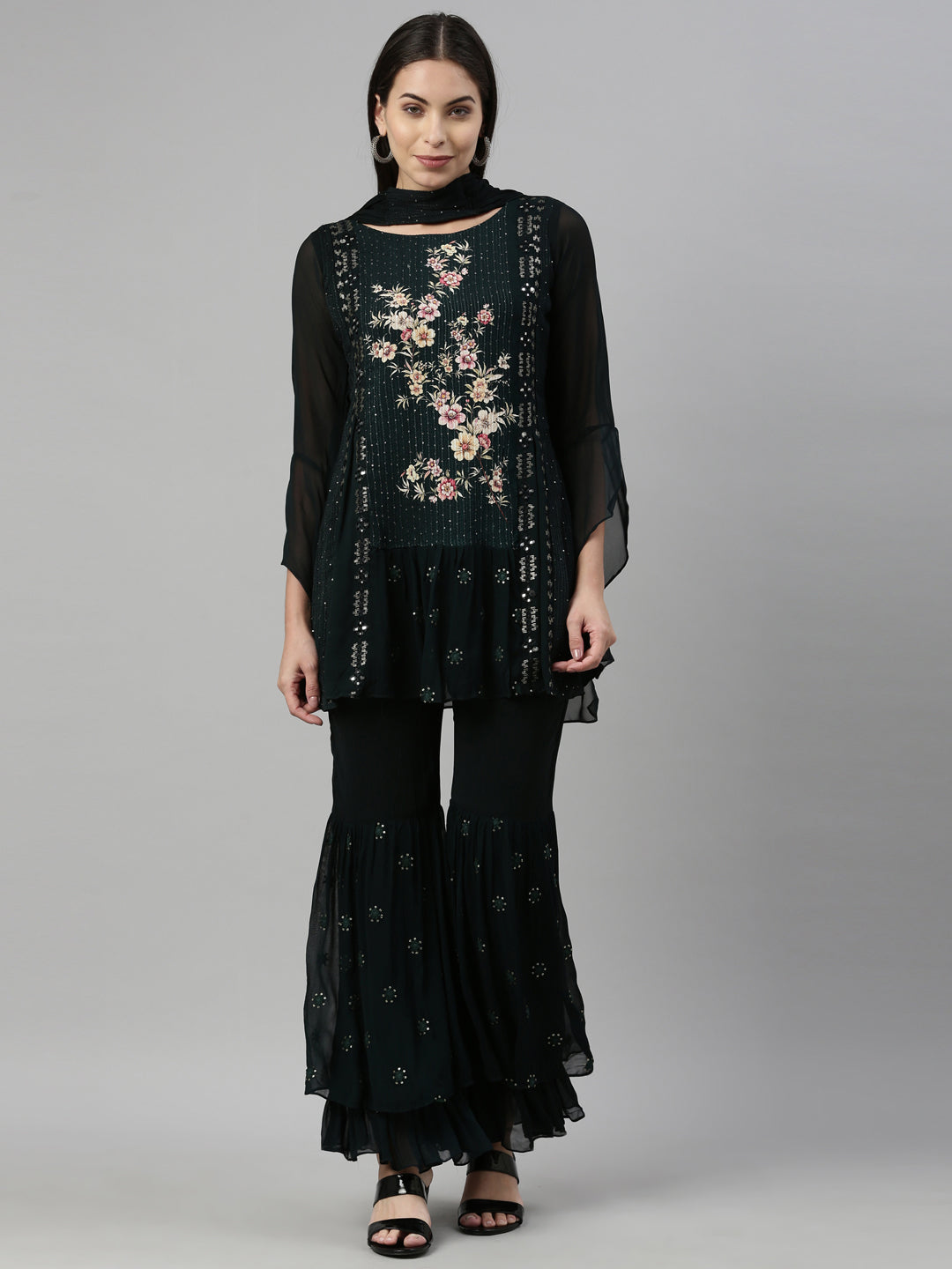 Neerus Green georgette embroidered suit set - front view