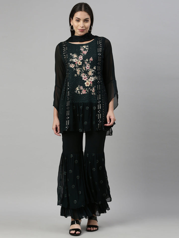 Neerus Green georgette embroidered suit set - front view