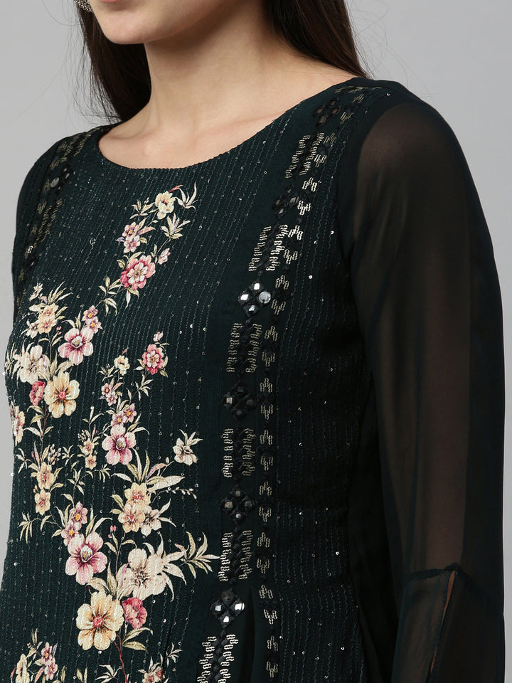 Neerus Green georgette embroidered suit set - back view