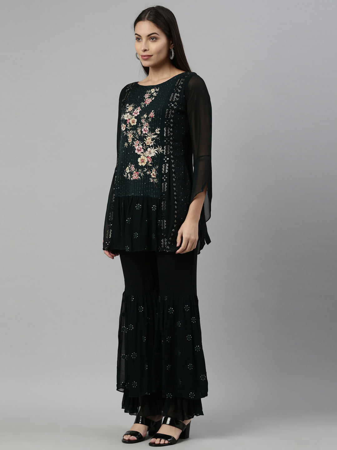 Neerus Green georgette embroidered suit set - detail view 1