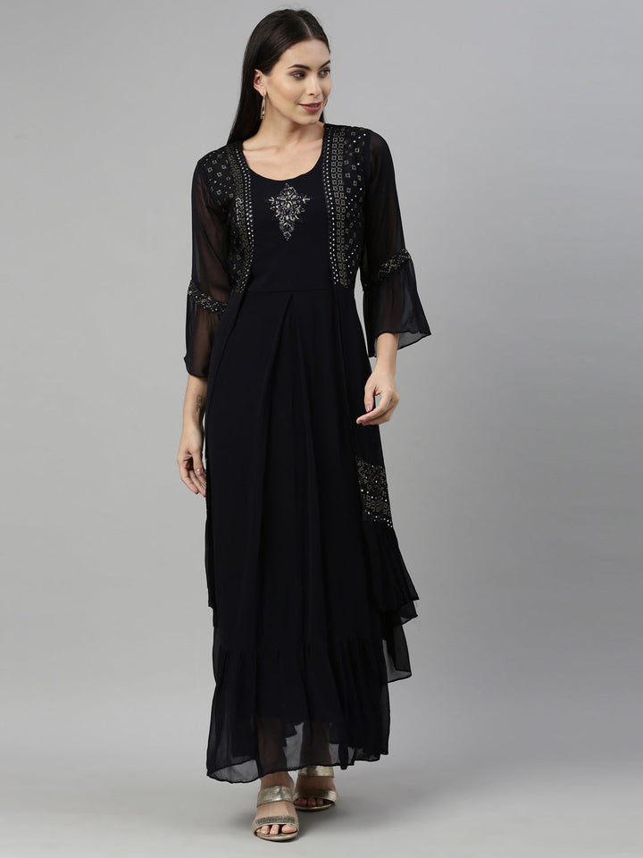 Neerus Black georgette solid kurta - front view