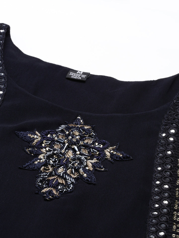 Neerus Black georgette solid kurta - back view