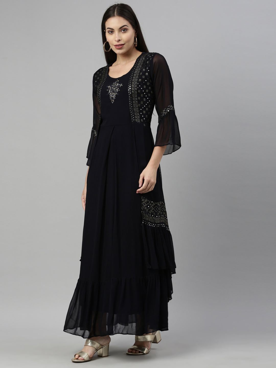 Neerus Black georgette solid kurta - side view