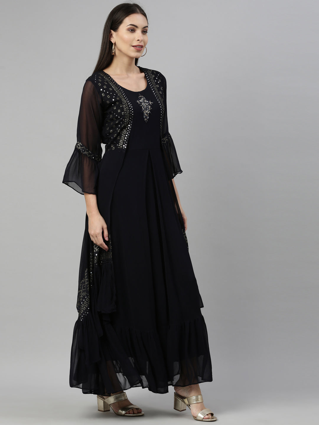 Neerus Black georgette solid kurta - detail view 1