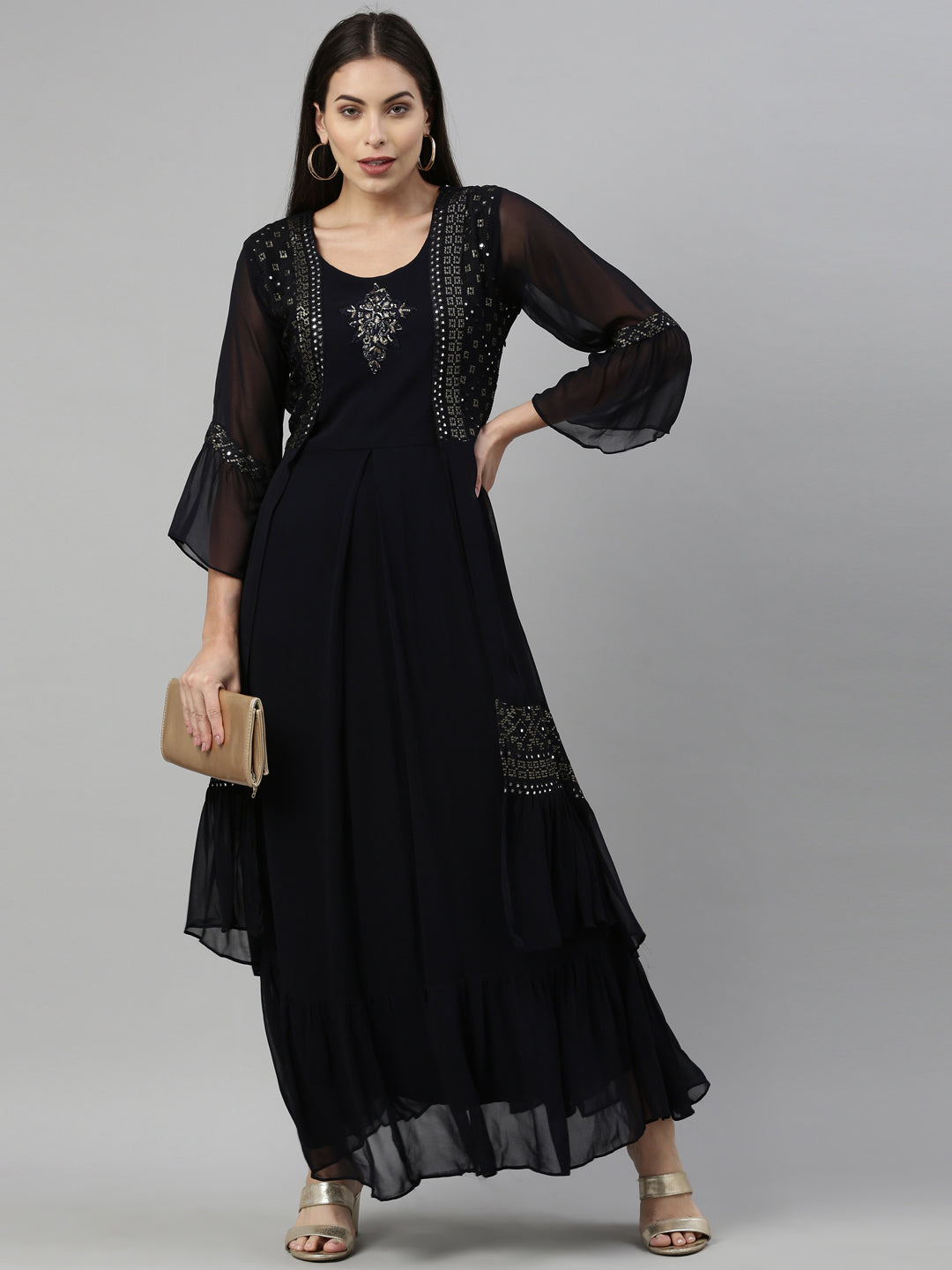 Neerus Black georgette solid kurta - detail view 3