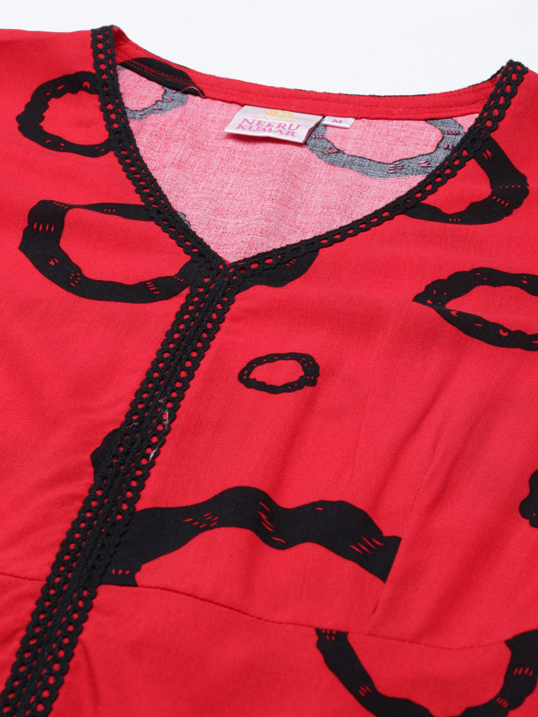 Neerus Red cotton anarkali kurta curved hem - detail view 3