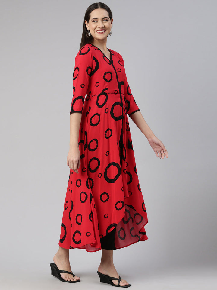 Neerus Red cotton anarkali kurta curved hem - back view