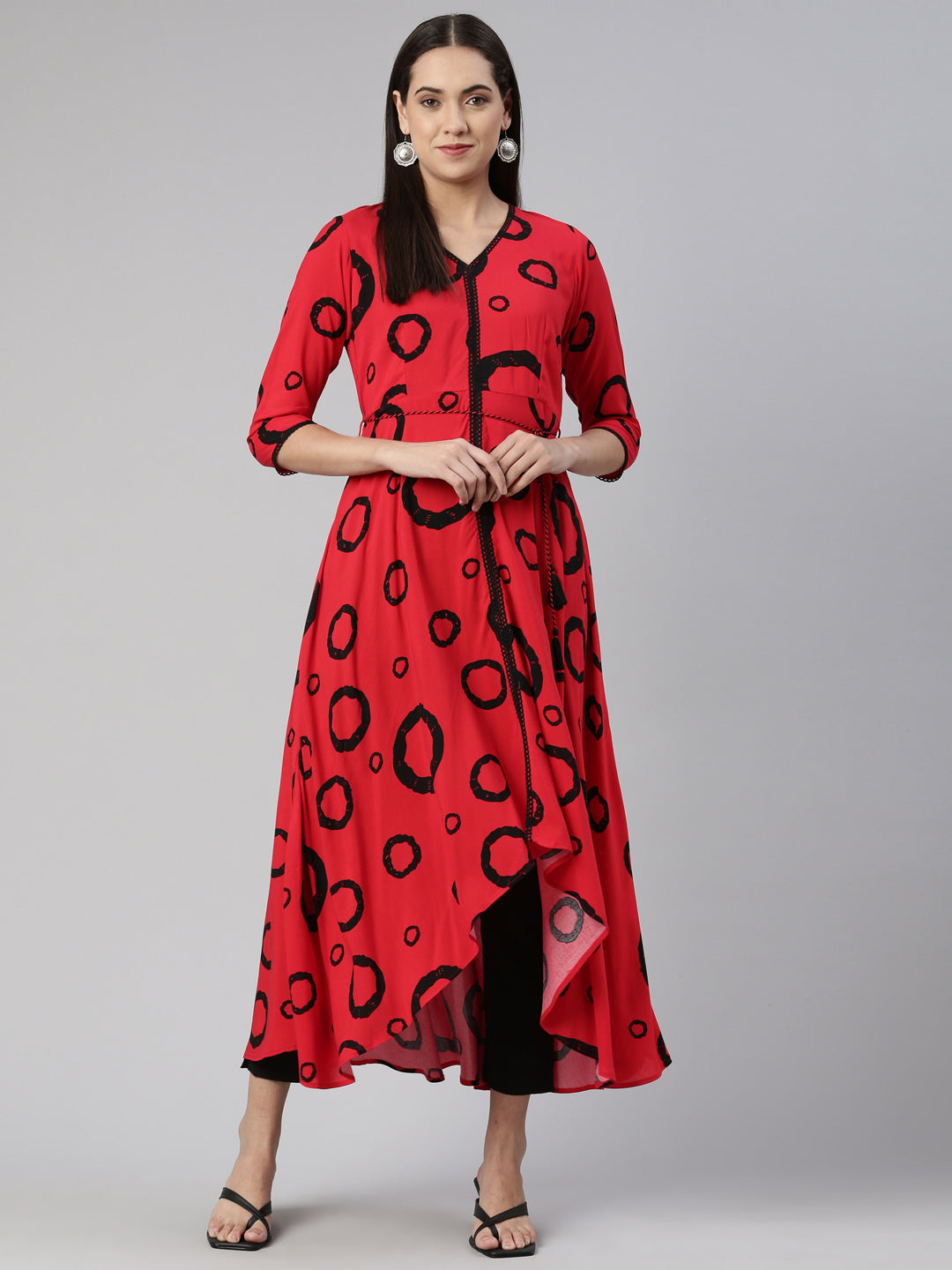 Neerus Red cotton anarkali kurta curved hem - front view