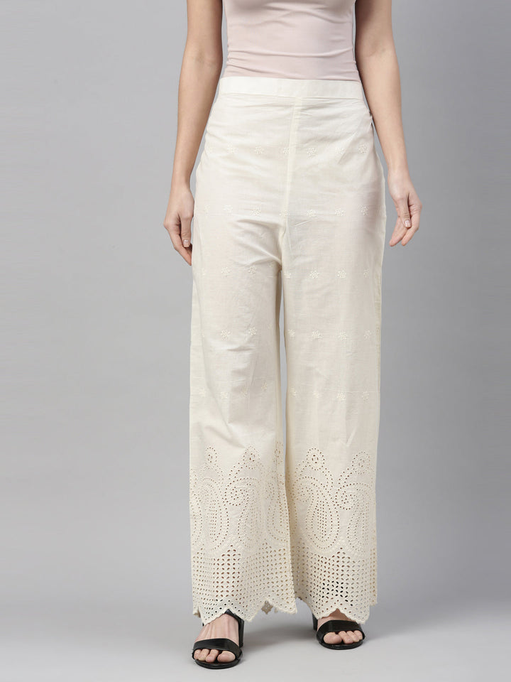Neerus Cream solid flared palazzo - back view