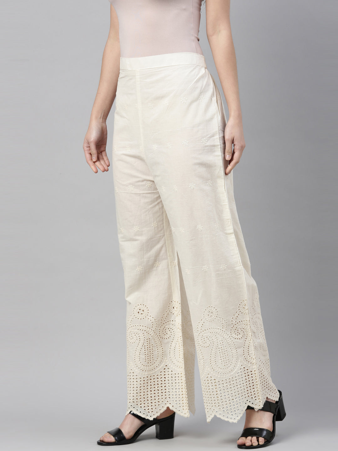 Neerus Cream solid flared palazzo - side view