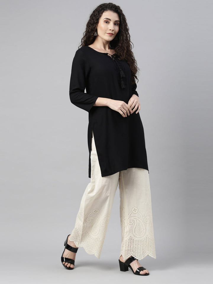 Neerus Cream solid flared palazzo - front view