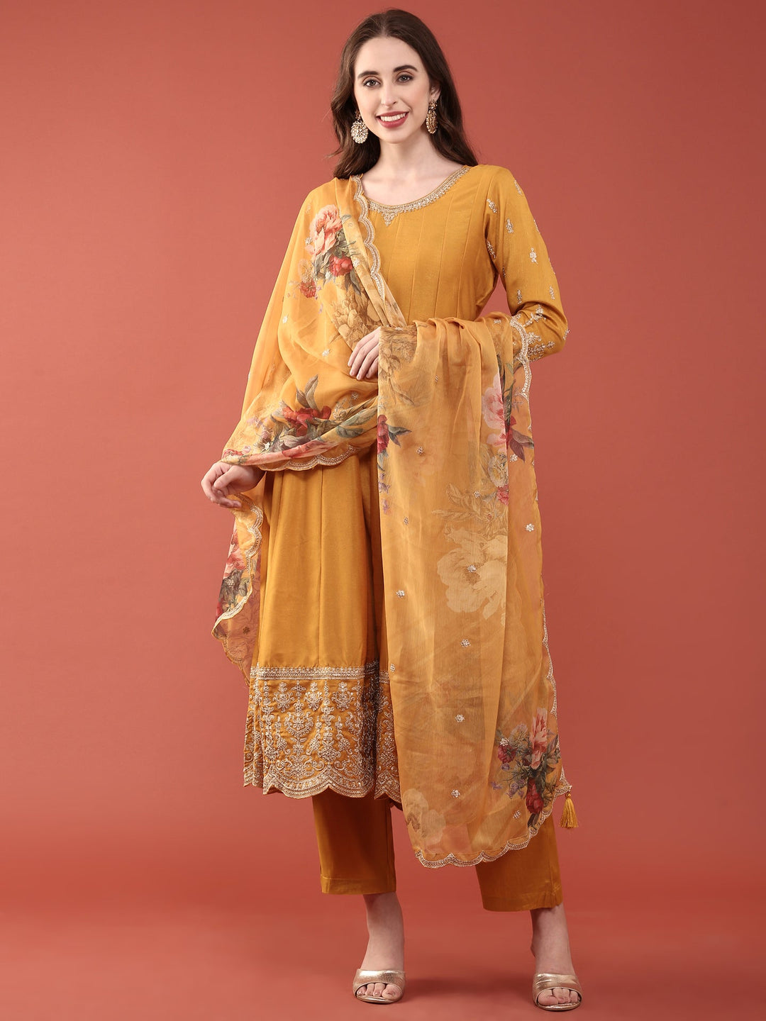 Neerus Yellow silk embroidered anarkali suit set - back view