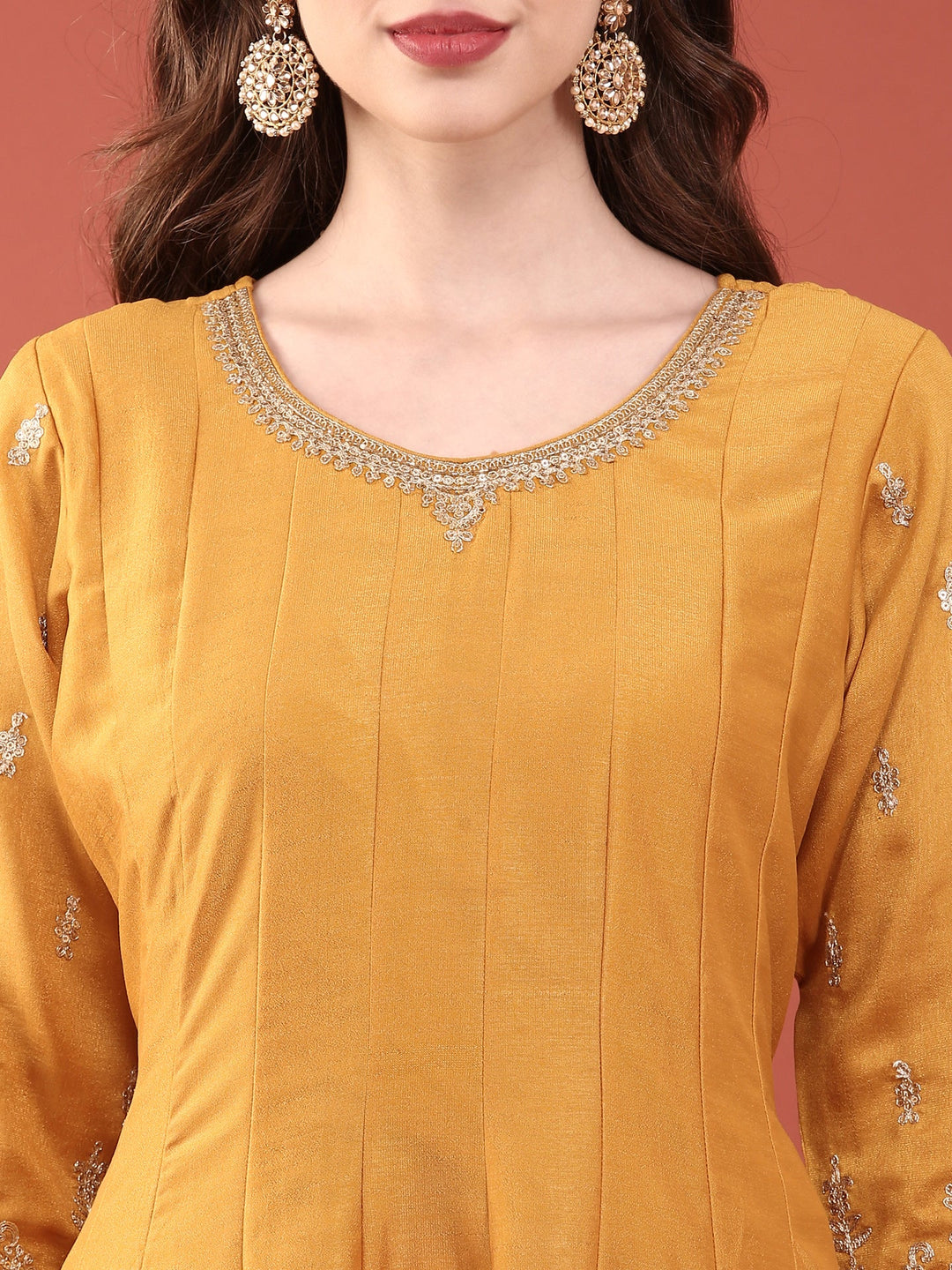 Neerus Yellow silk embroidered anarkali suit set - detail view 2