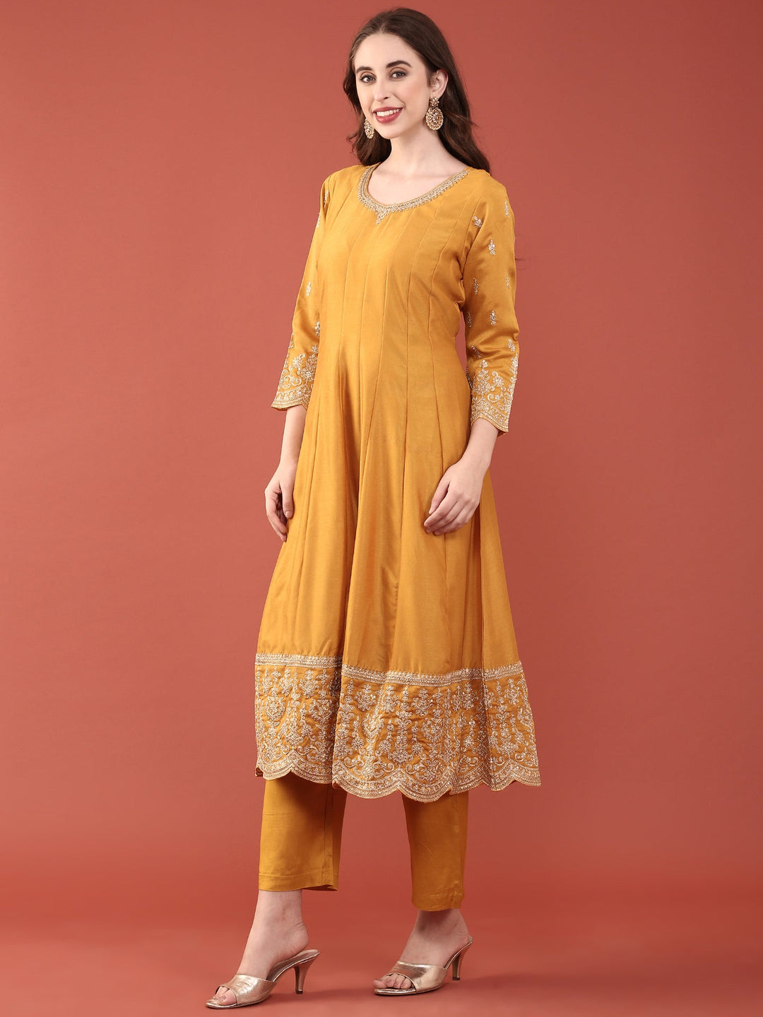 Neerus Yellow silk embroidered anarkali suit set - side view