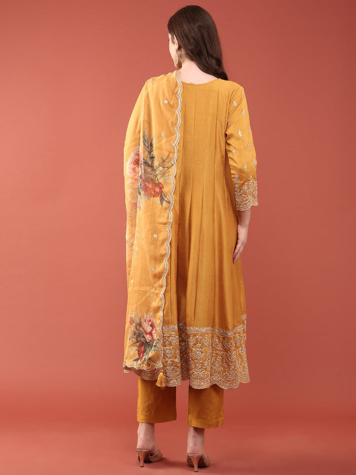 Neerus Yellow silk embroidered anarkali suit set - detail view 1