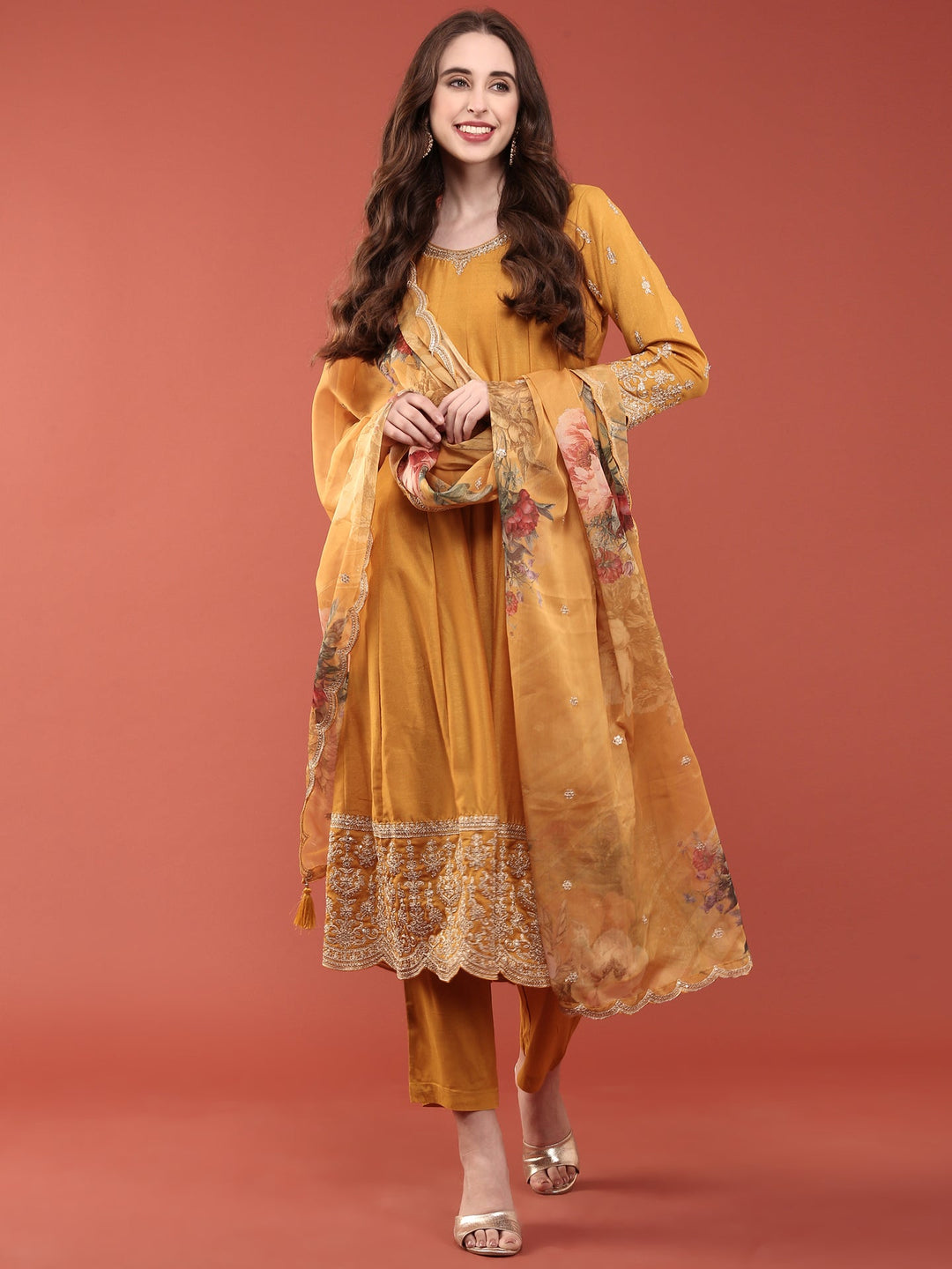 Neerus Yellow silk embroidered anarkali suit set - front view