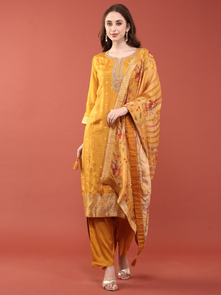 Neerus Yellow silk hand embroidered suit set - back view