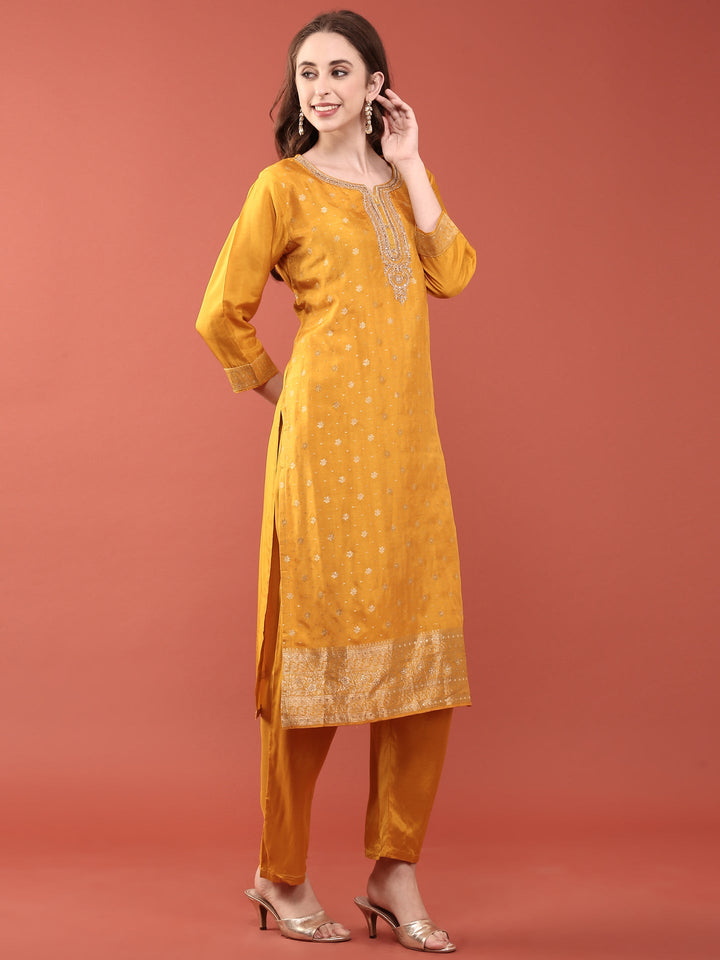 Neerus Yellow silk hand embroidered suit set - side view