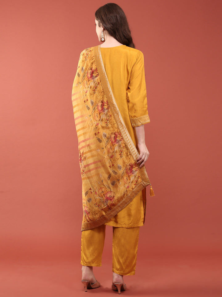 Neerus Yellow silk hand embroidered suit set - detail view 1