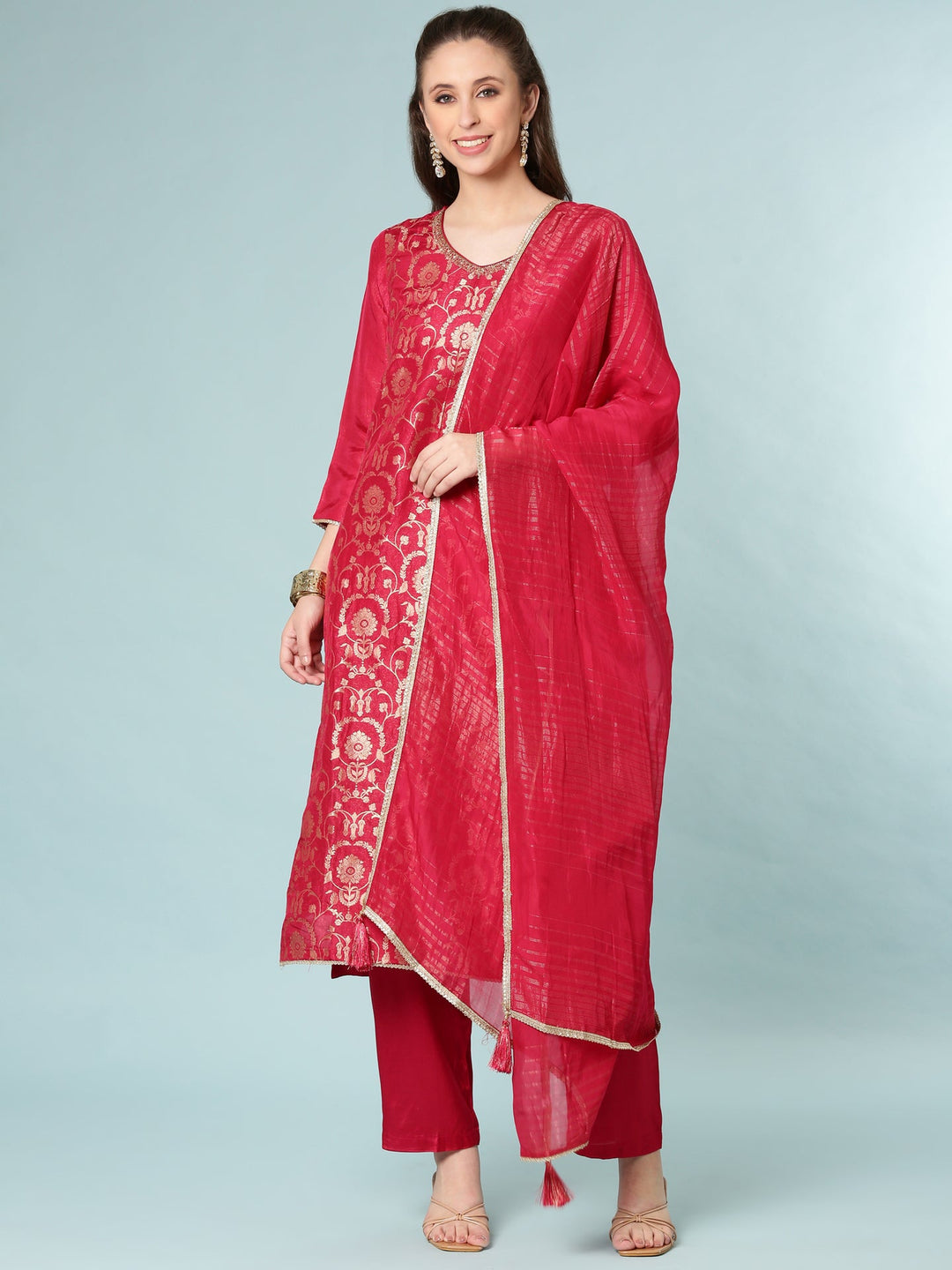 Neerus Pink silk digital printed suit set - front view
