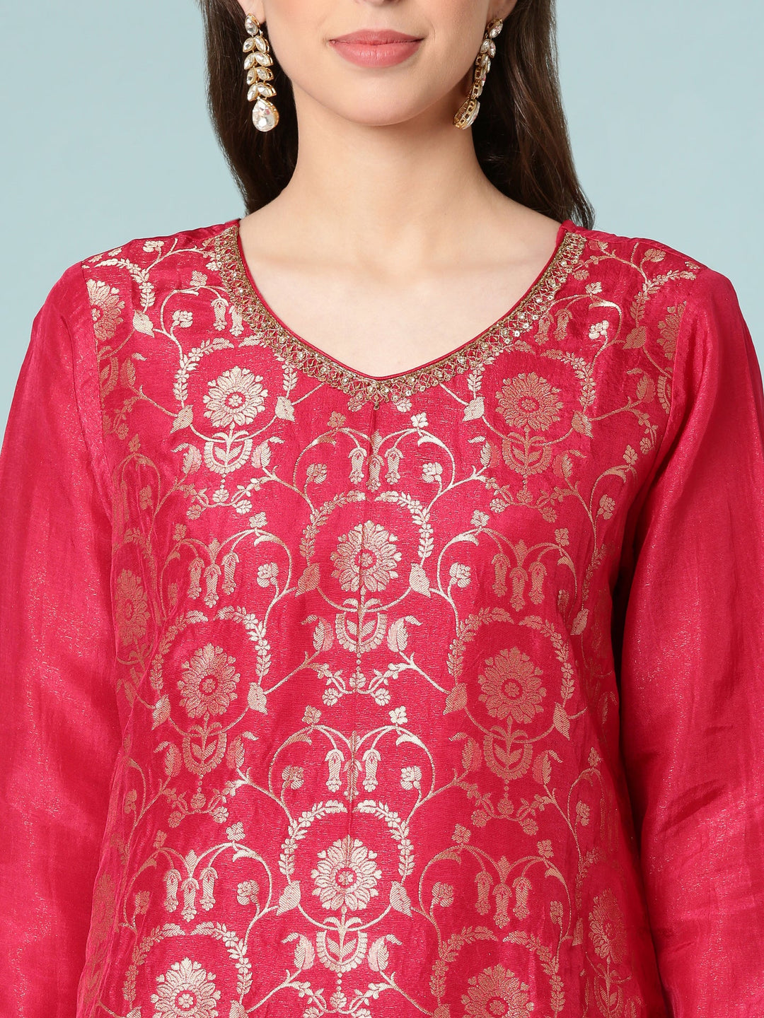 Neerus Pink silk digital printed suit set - detail view 1