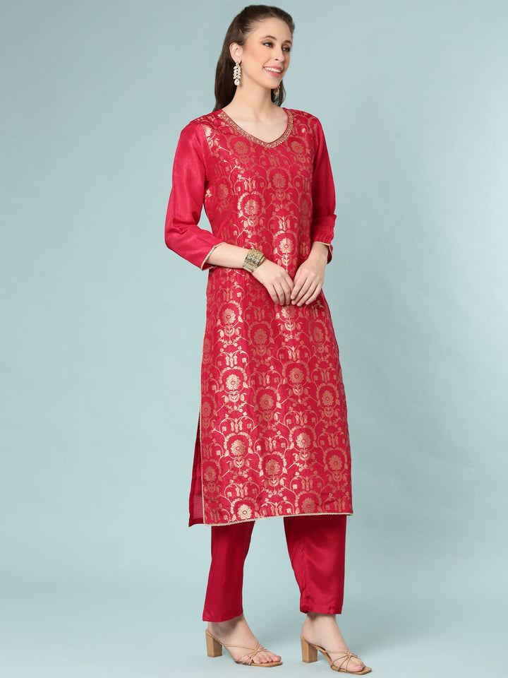 Neerus Pink silk digital printed suit set - back view