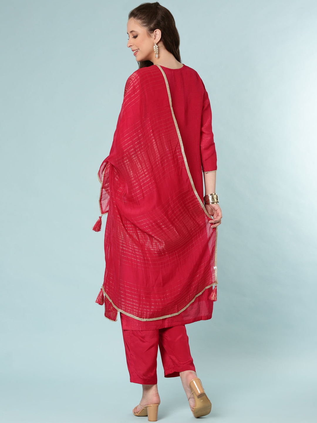Neerus Pink silk digital printed suit set - side view
