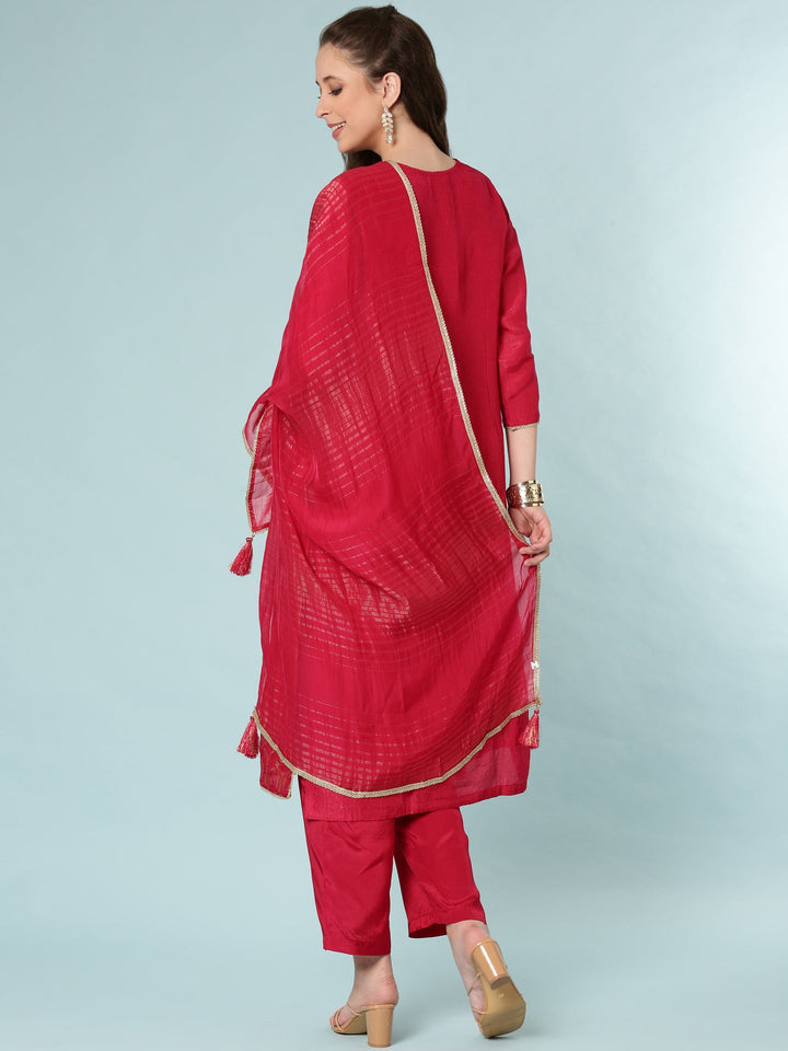 Rani Pink Silk Digital Print Three Piece Set