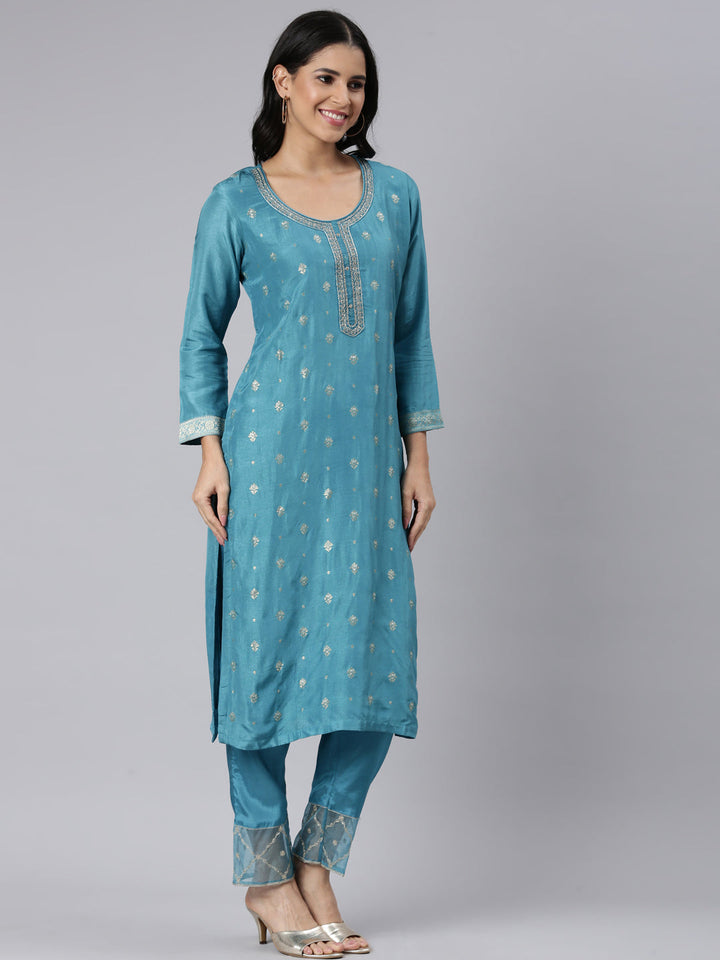 Neerus Blue Regular Straight Solid Kurta and Trousers With Dupatta