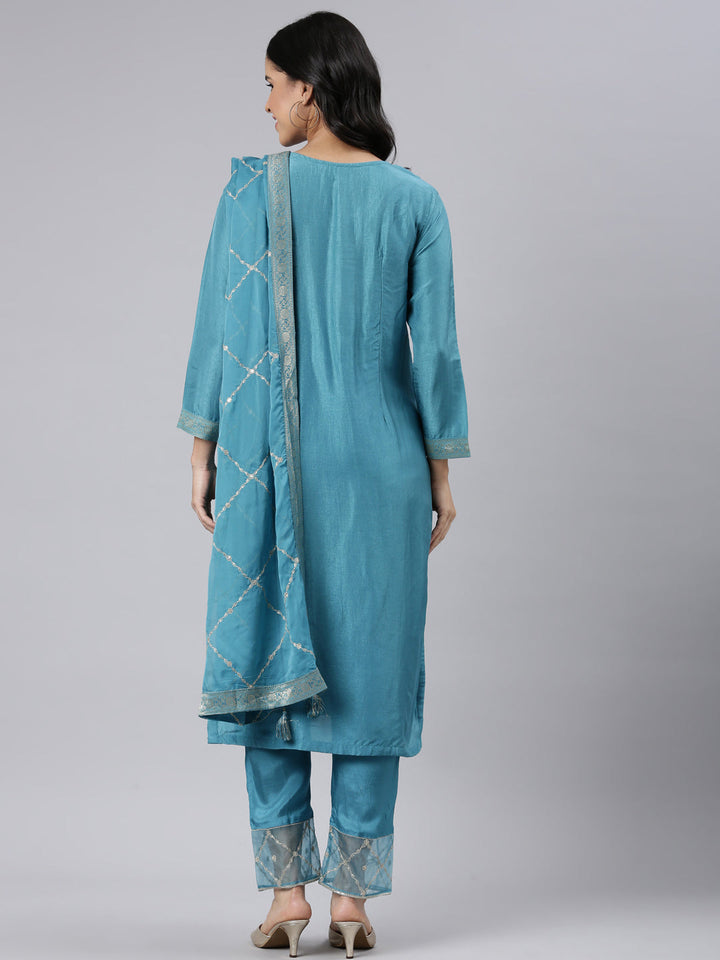 Neerus Blue Regular Straight Solid Kurta and Trousers With Dupatta