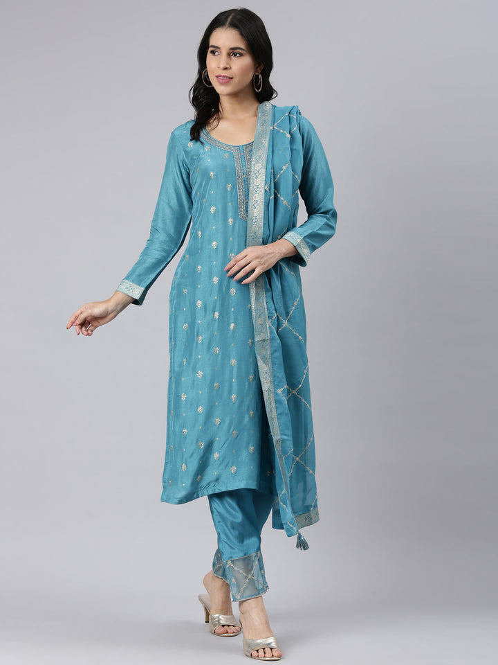 Neerus Blue Regular Straight Solid Kurta and Trousers With Dupatta